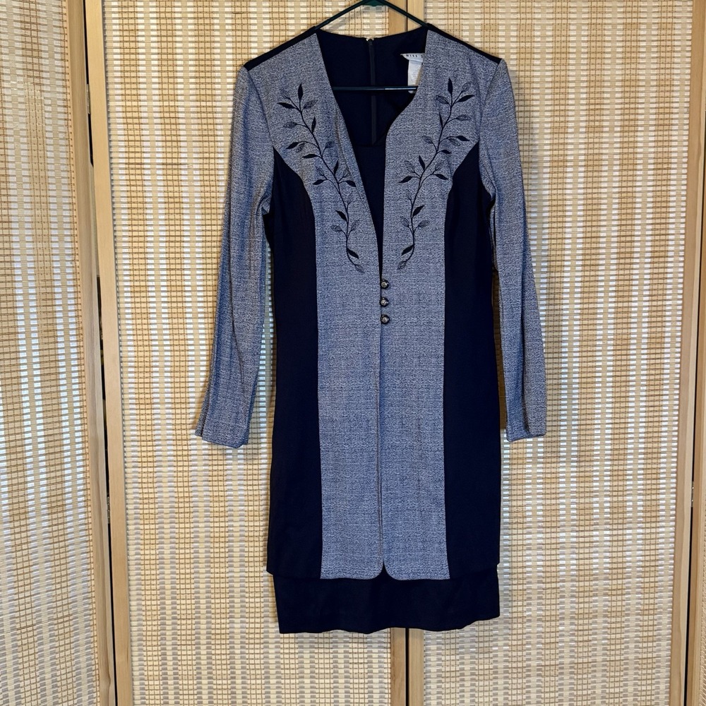Miss Dorby Womans 8 Dress Gray Black Long Sleeves Embroidered Office Vintage Y2K